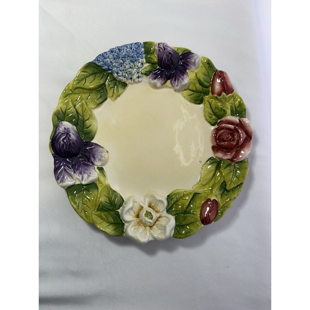 VTG Raised Floral Edged Ceramic Plate 9" in Rose Hydrangea Decorative Iris Tulip